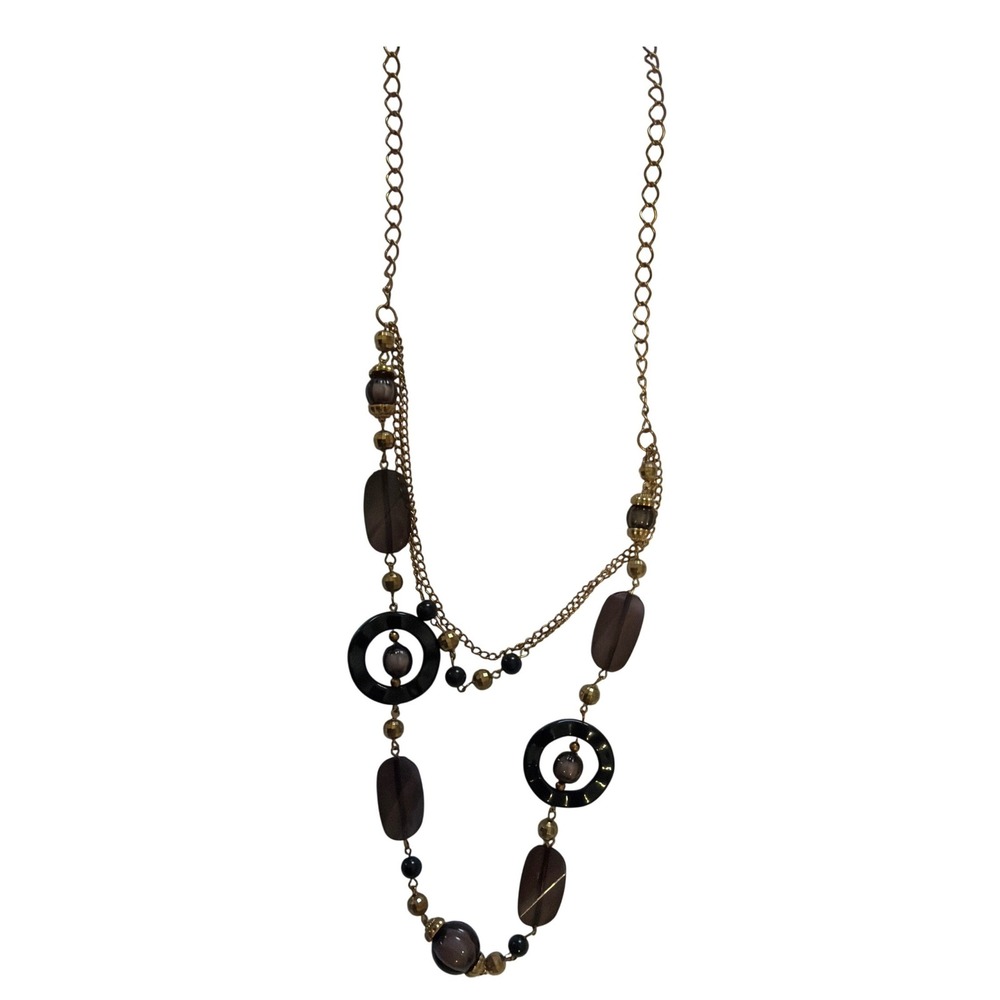 Gold Tone Multi Strand Long Necklace Smoky Purple Beads Black Circle Accents